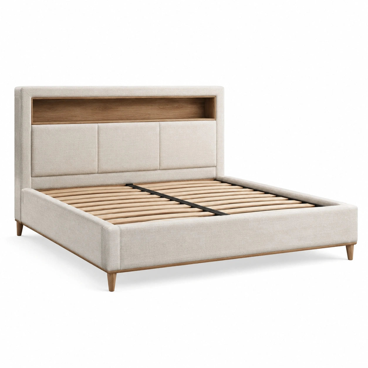 Lit double beige et marron 160 × 200 cm avec tête de lit rembourrée, niche intégrée et sommier à lattes