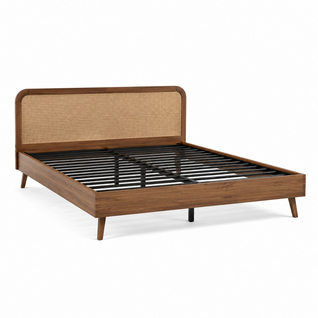 Lit double 160 × 200 cm en bois marron et cannage naturel avec sommier à lattes métalliques
