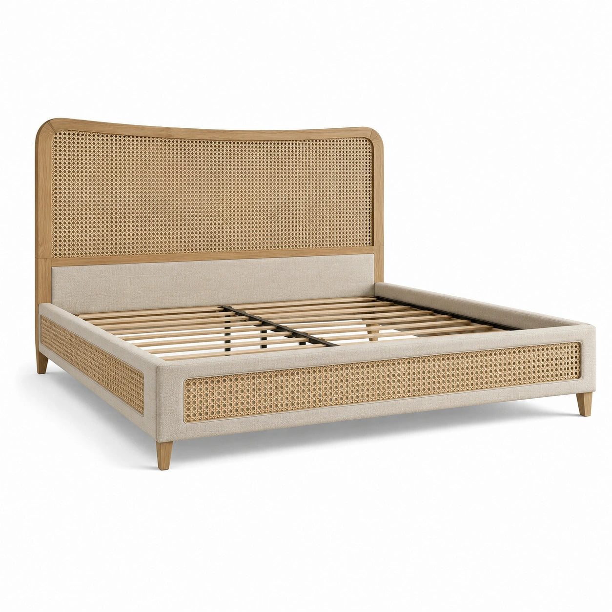 Lit double en bois et cannage naturel avec tissu beige, couchage 160 × 200 cm, dimensions 218 × 170 × 120 cm