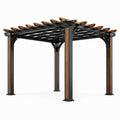 Pergola de jardin carrée en métal et bois, noir et brun, toit ajouré, 300 × 300 × 250 cm