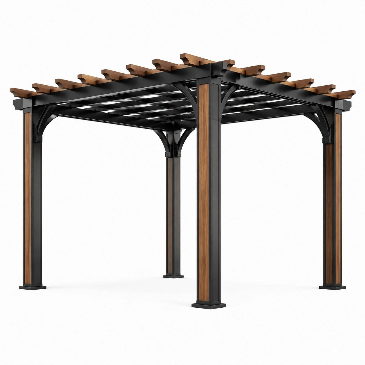 Pergola de jardin carrée en métal et bois, noir et brun, toit ajouré, 300 × 300 × 250 cm