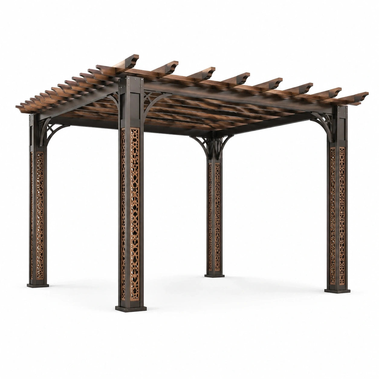 Pergola de jardin en métal marron et bronze 488 × 366 × 290 cm avec toit ajouré