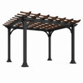 Pergola autoportante en acier noir et bois brun avec toit ajouré, 366 × 305 × 240 cm