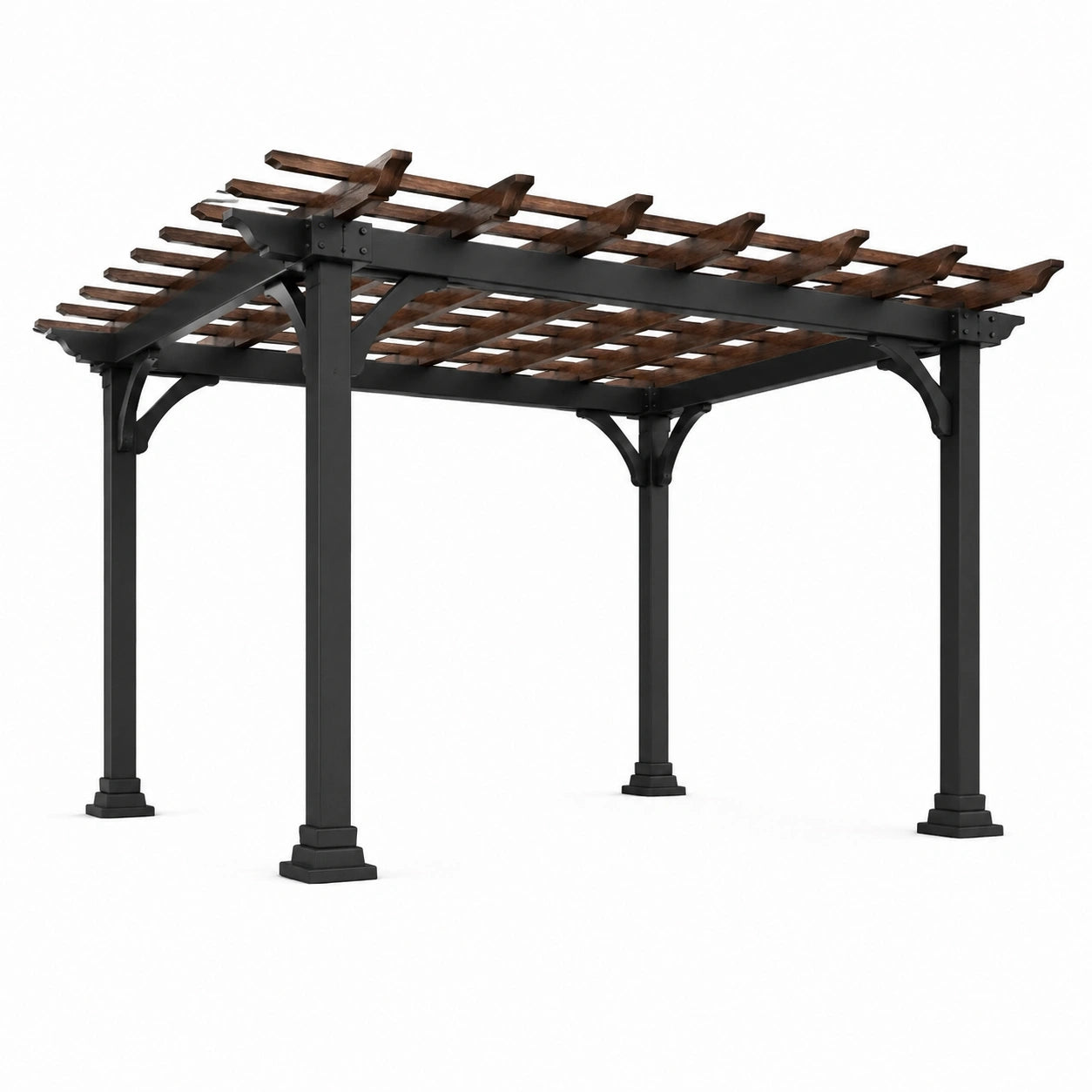 Pergola autoportante en acier noir et bois brun avec toit ajouré, 366 × 305 × 240 cm